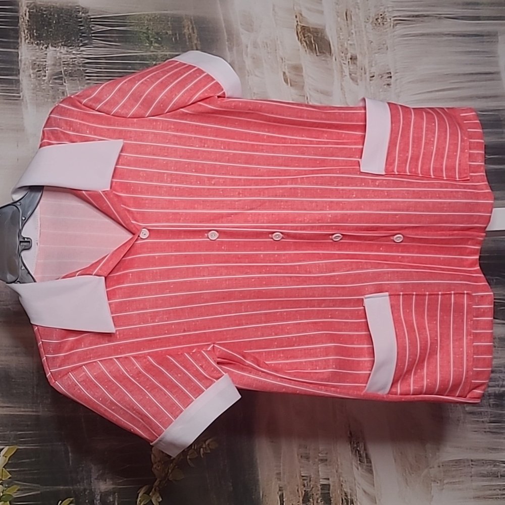 Vintage Womens XL classic orange white stiped button up short sleeve blouse